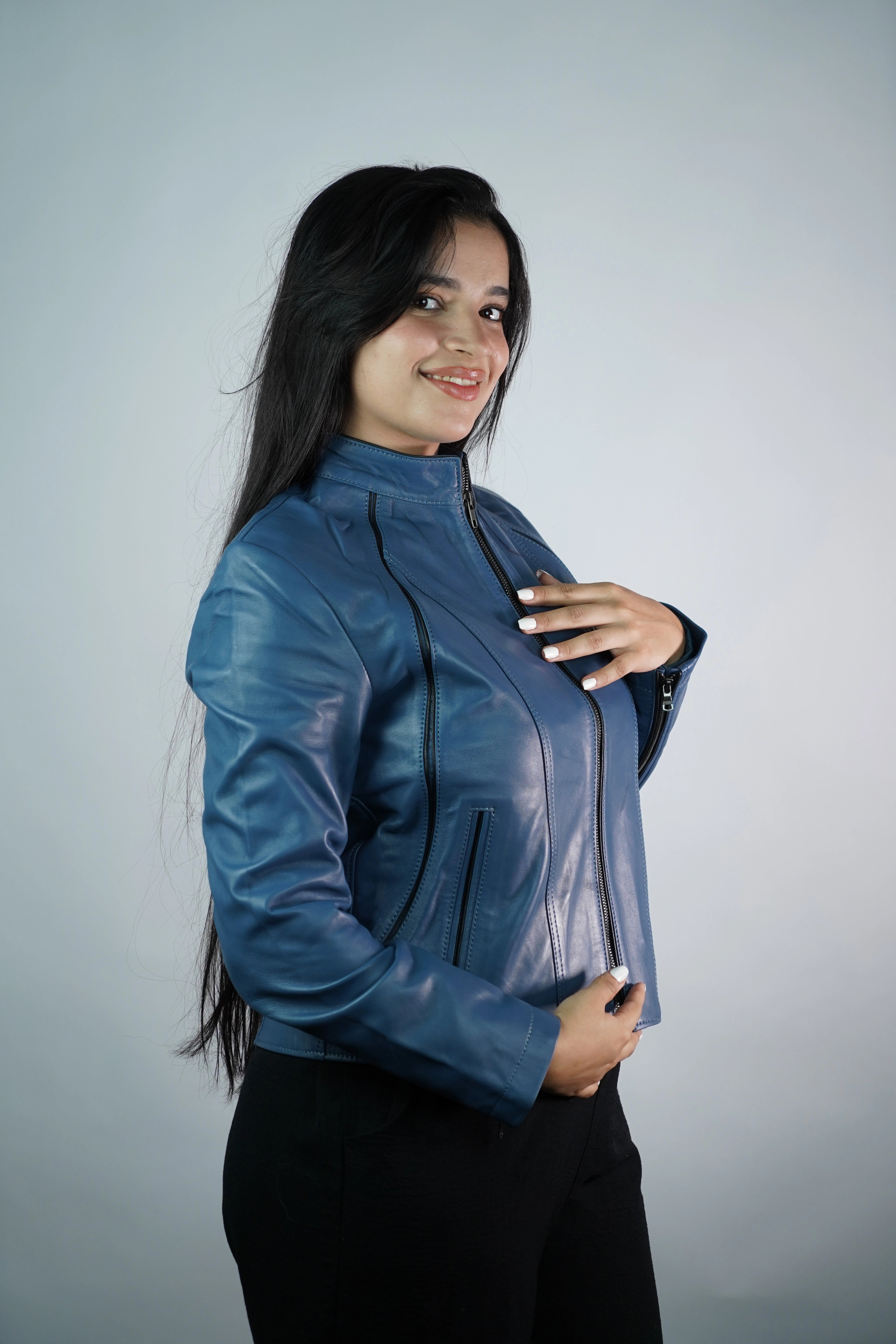 Women’s Blue Faux Leather Jacket – Slim Fit with Stand Collar