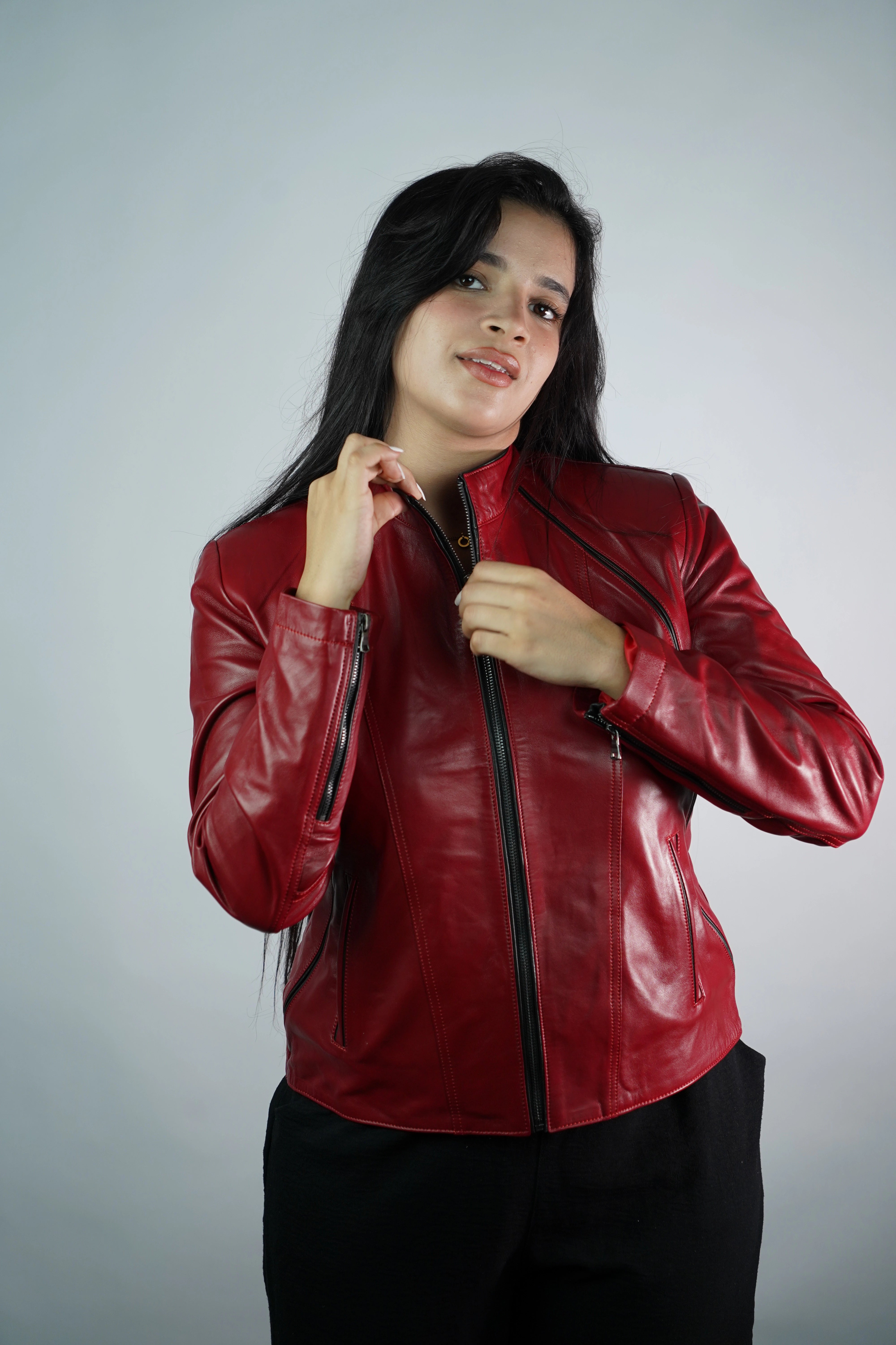 Women’s Red Faux Leather Jacket – Slim Fit with Stand Collar