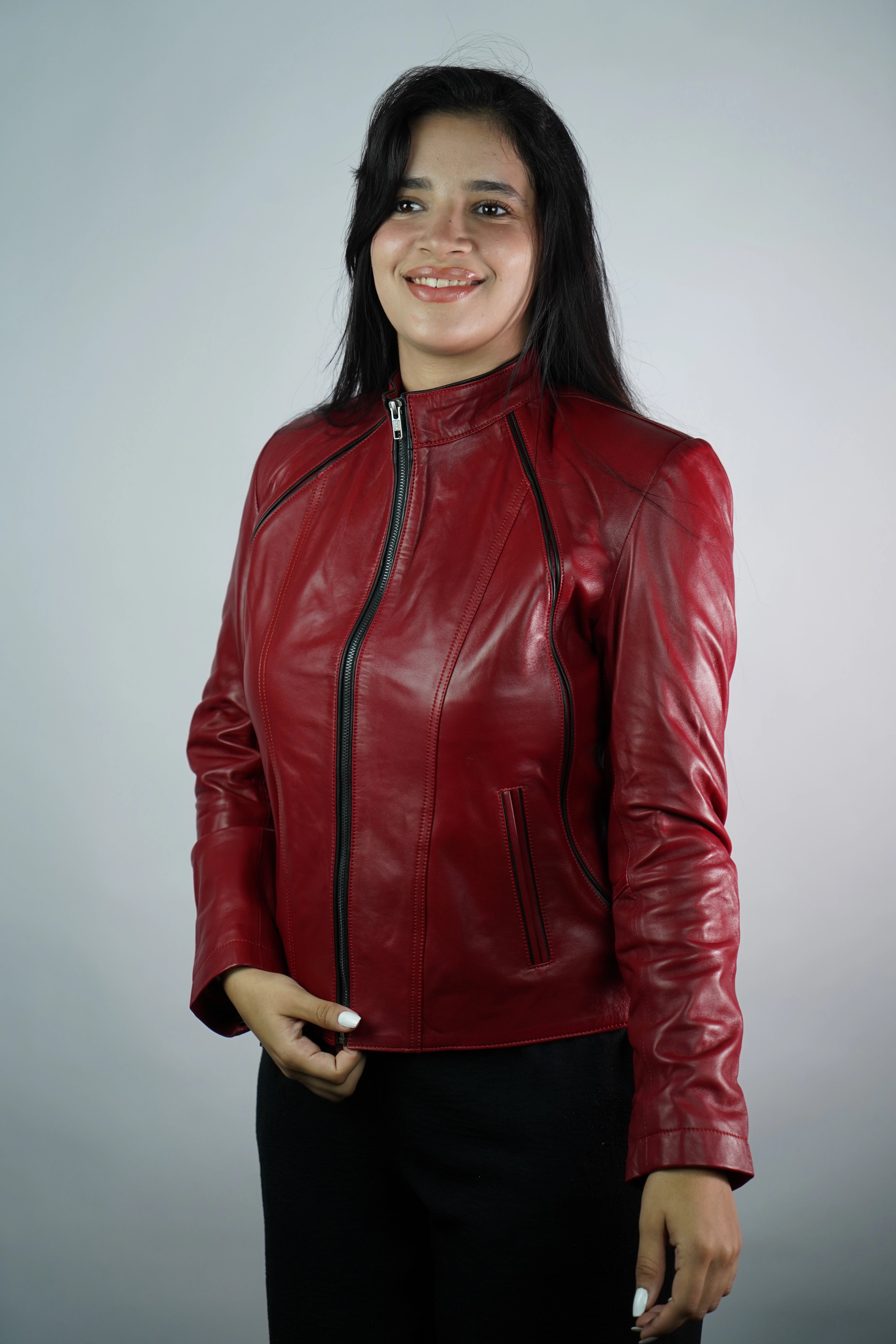 Women’s Red Faux Leather Jacket – Slim Fit with Stand Collar