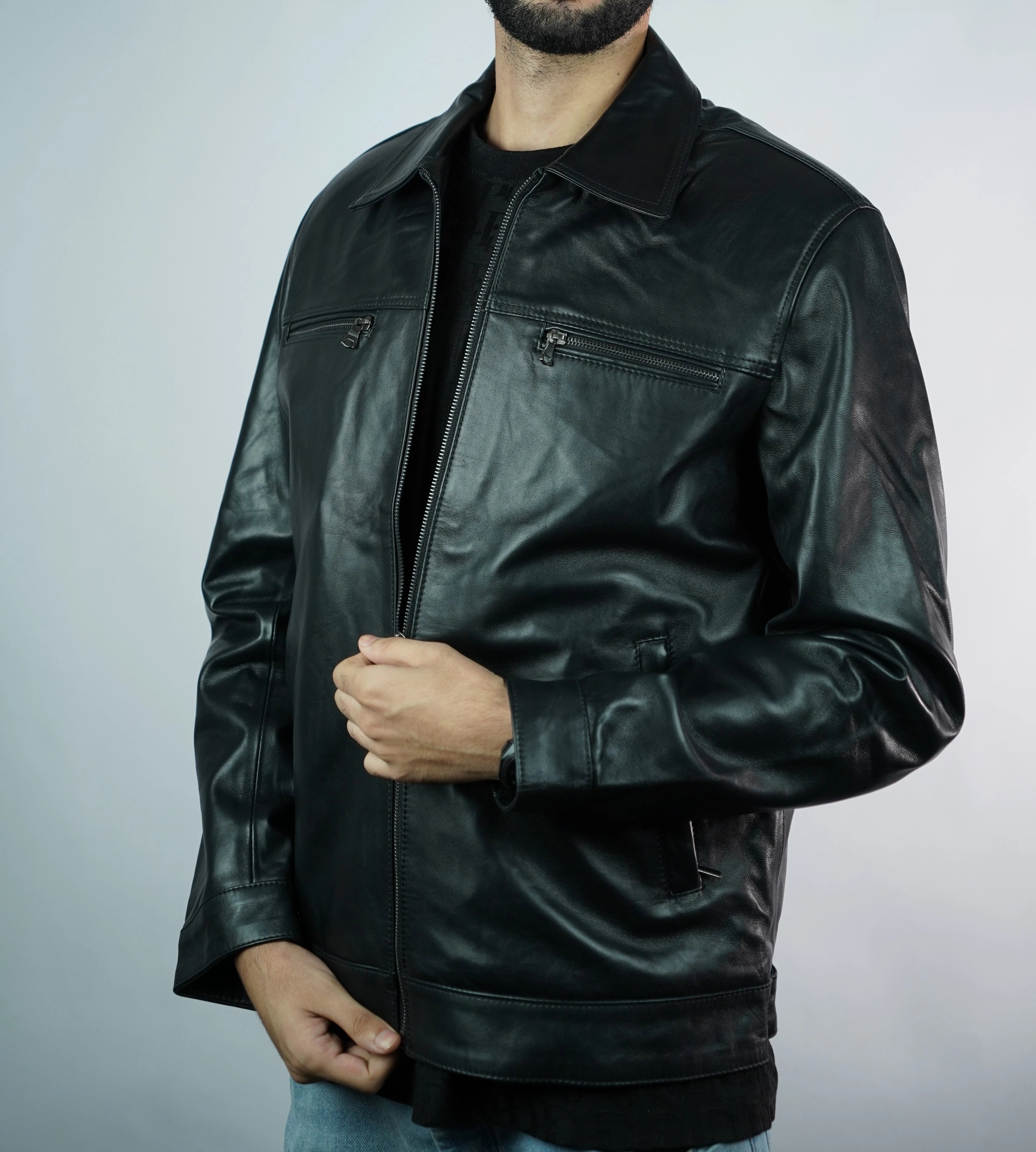 Men’s Classic Black Faux Leather Jacket – Slim Fit Zip-Up